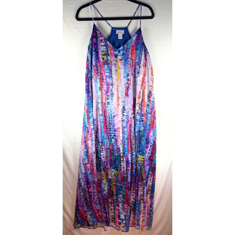 Nicole‎ Miller New York Abstract Print Maxi Dress Blue Pink V-Neck Racerback L